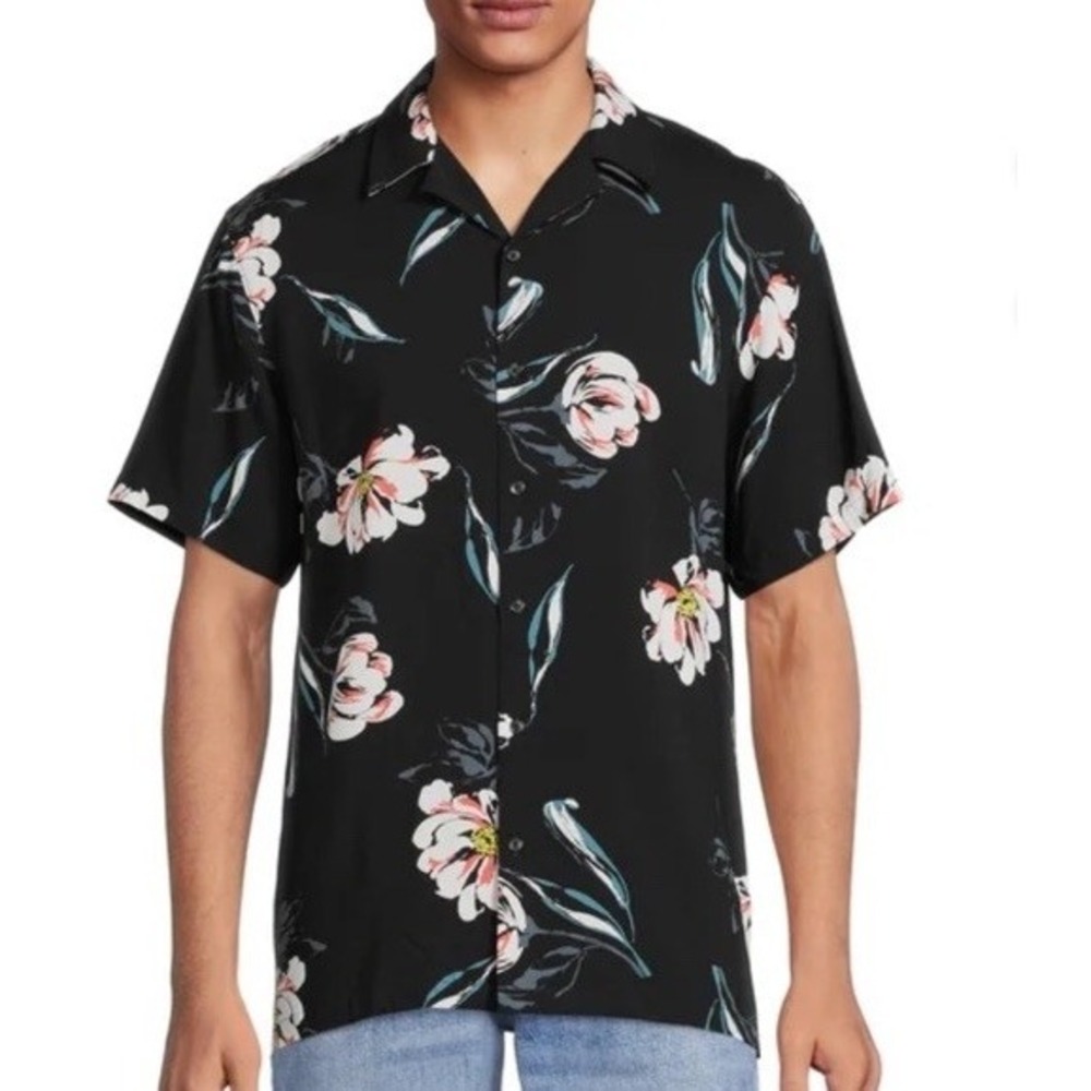 No Boundaries Hawaii Button Up Shirt Mens XL Black Pink Rayon Tropical Beach